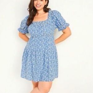 Old Navy Blue and White Floral Puff Sleeve Dress | Size Large Tall